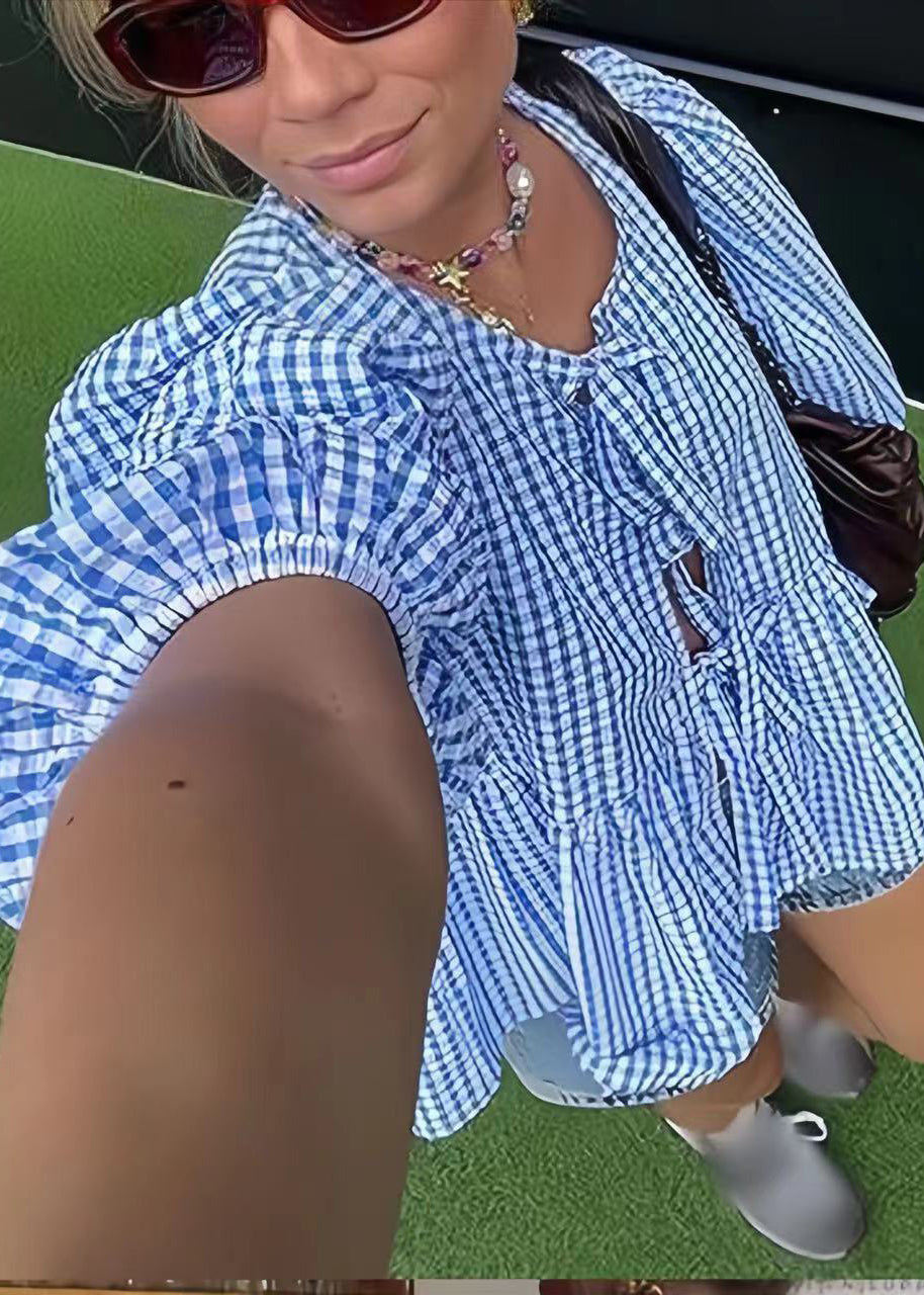 Up Plaid Size Cotton Lace Summer Puff Shirts Sleeve Plus Blue