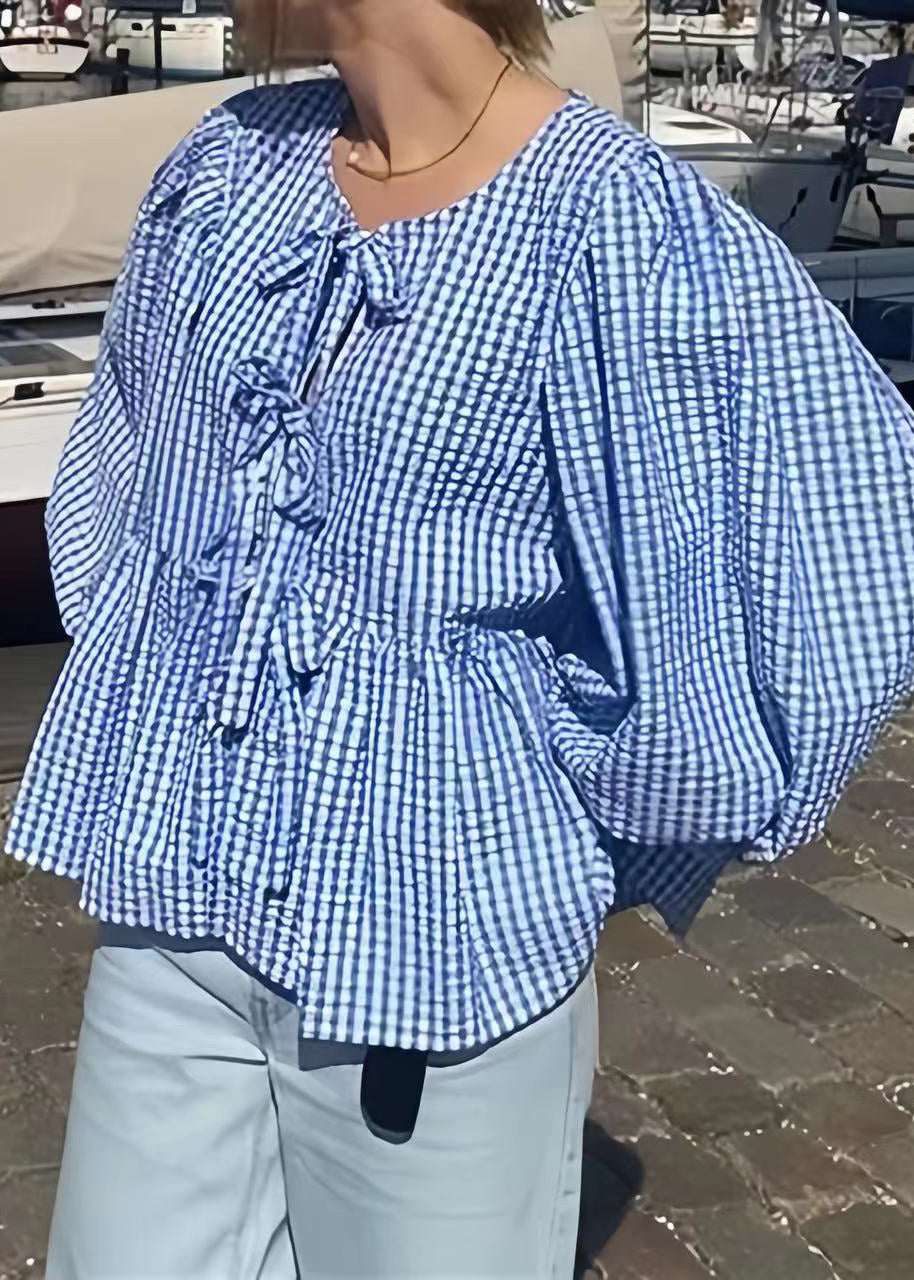 Up Plaid Size Cotton Lace Summer Puff Shirts Sleeve Plus Blue