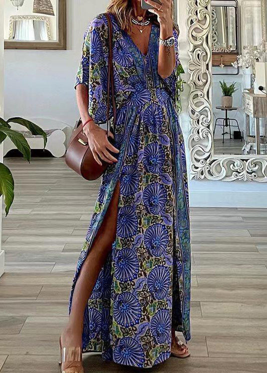 Dresses Summer Size Print Side Neck Open Blue Cotton Plus V Maxi