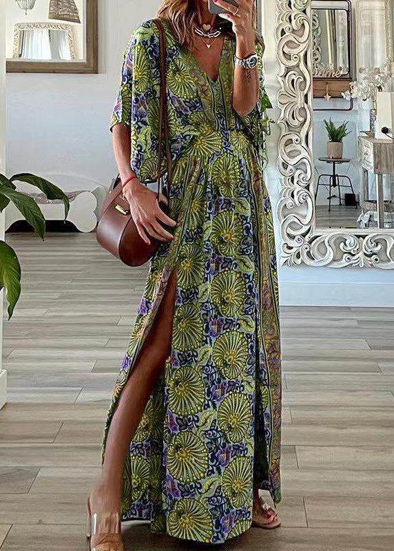 Dresses Summer Size Print Side Neck Open Blue Cotton Plus V Maxi