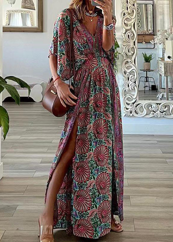 Dresses Summer Size Print Side Neck Open Blue Cotton Plus V Maxi