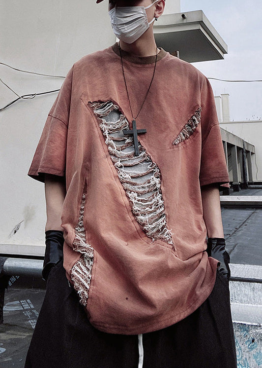 Oversized Red Plus Tees Graphic Size Ripped Cotton Brick Mens