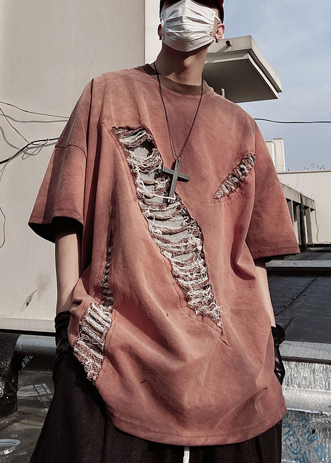 Oversized Red Plus Tees Graphic Size Ripped Cotton Brick Mens