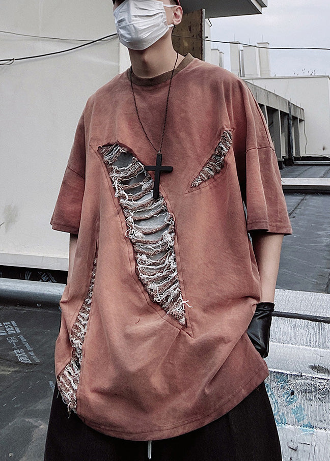 Oversized Red Plus Tees Graphic Size Ripped Cotton Brick Mens