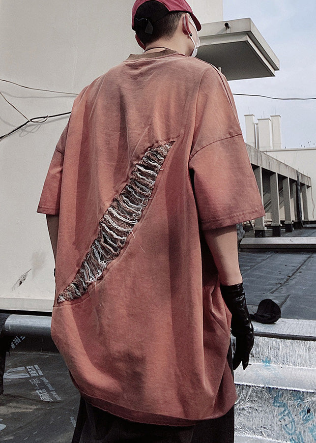 Oversized Red Plus Tees Graphic Size Ripped Cotton Brick Mens