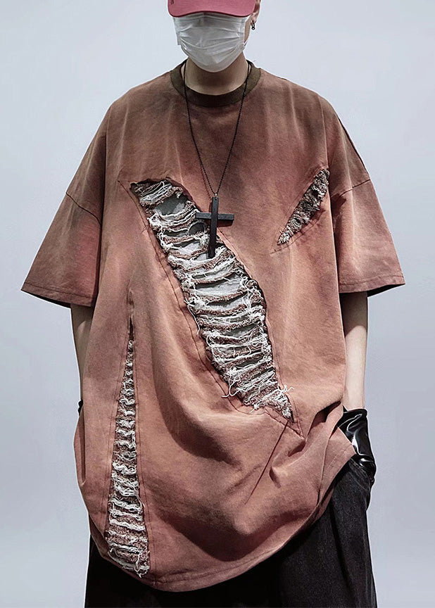 Oversized Red Plus Tees Graphic Size Ripped Cotton Brick Mens