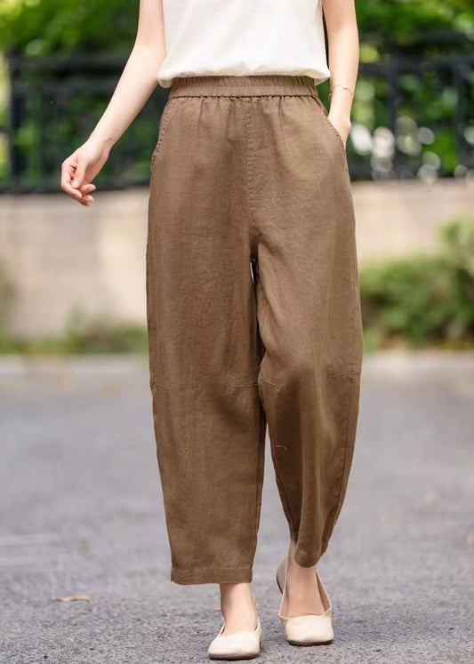Plus Linen Size Waist Harem Coffee Summer Elastic Pants