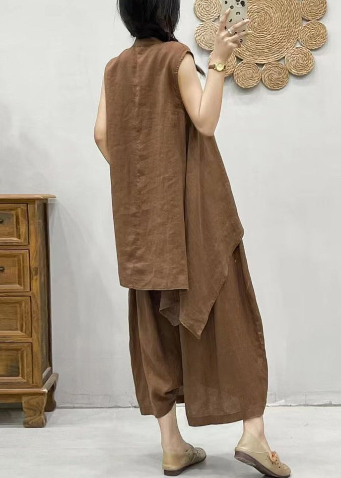 Plus Size Coffee Stand Collar Asymmetrical Patchwork Linen Waistcoat And Crop Pants Two Pieces Set Summer VV075