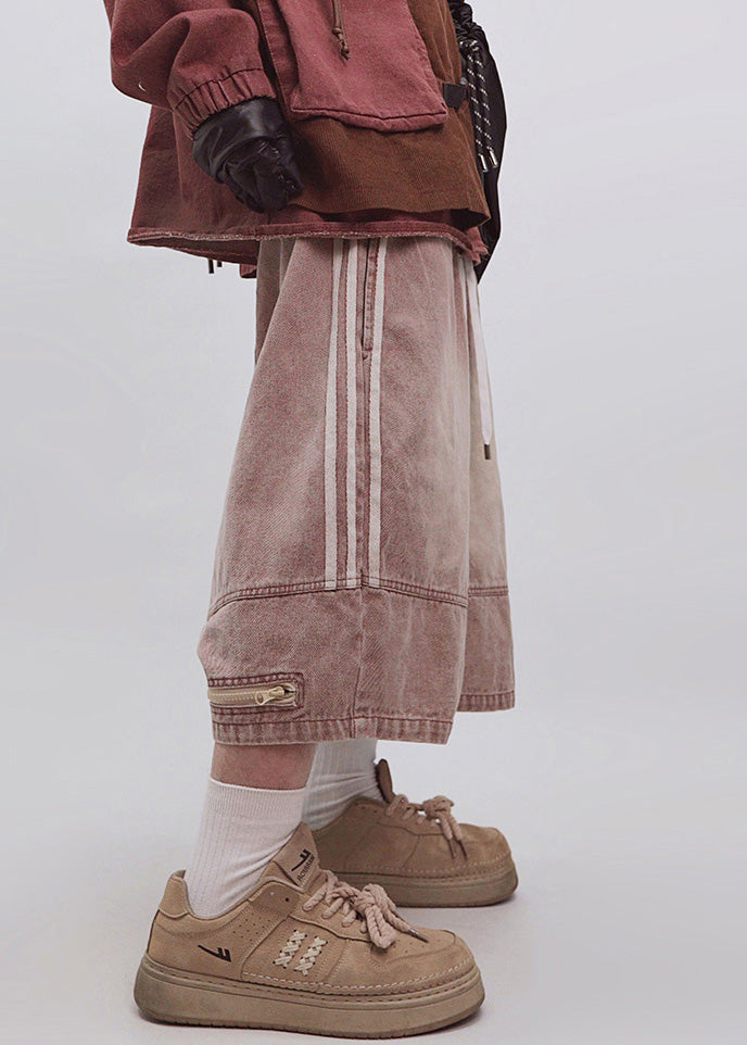 Dark Gray Shorts Summer Zippered Size Waist Plus Striped Elastic Men