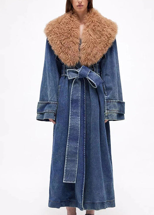 Plus Size Denim Blue Fur Collar Patchwork Tie Waist Long Trench Coats Winter RP002