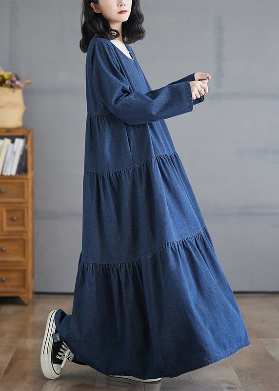 Fall Patchwork Long Wrinkled Dresses Denim O-Neck Blue Plus Size