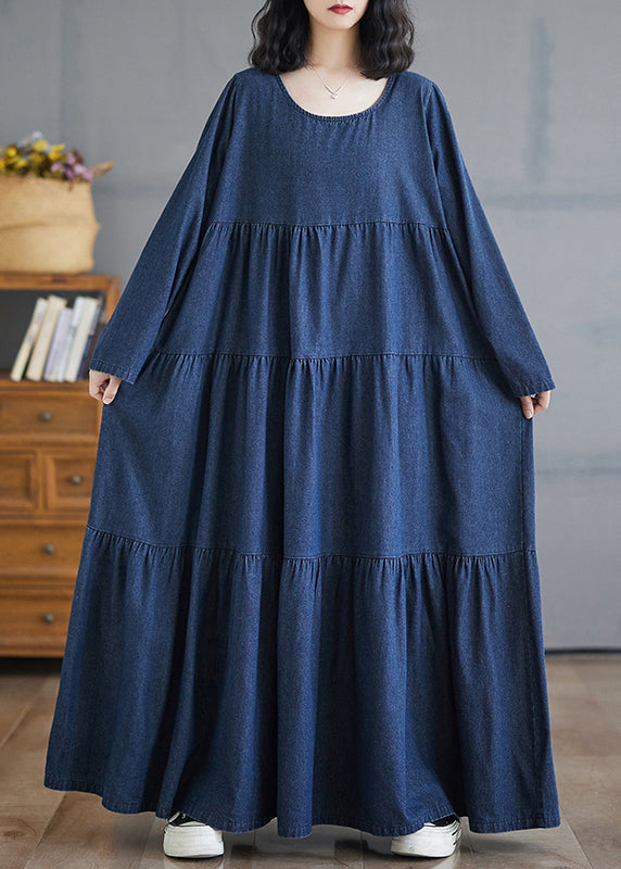Fall Patchwork Long Wrinkled Dresses Denim O-Neck Blue Plus Size