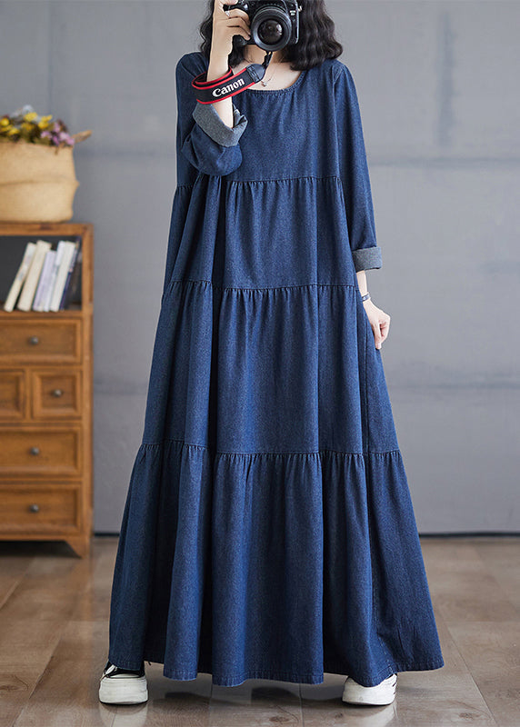 Fall Patchwork Long Wrinkled Dresses Denim O-Neck Blue Plus Size
