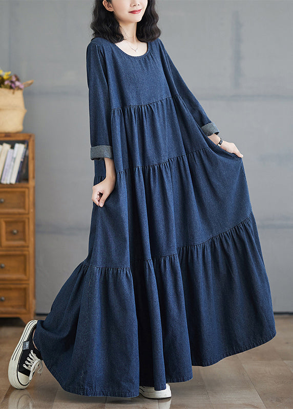 Fall Patchwork Long Wrinkled Dresses Denim O-Neck Blue Plus Size