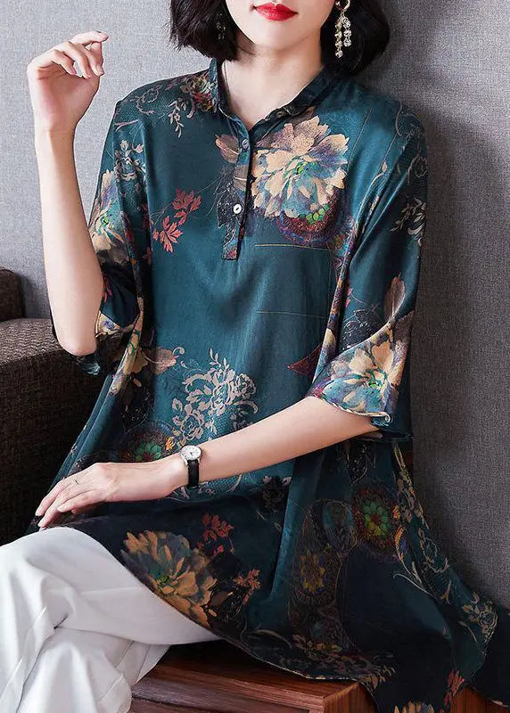 Plus Size Green Asymmetrical Print Silk Shirt Summer Ada Fashion