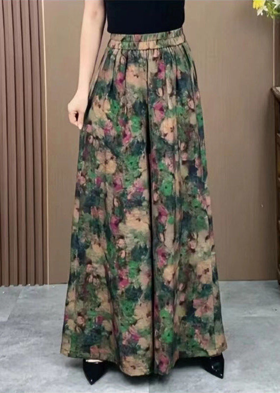 Size Ice Silk Green Leg Pants Elastic Print Wide Waist Plus