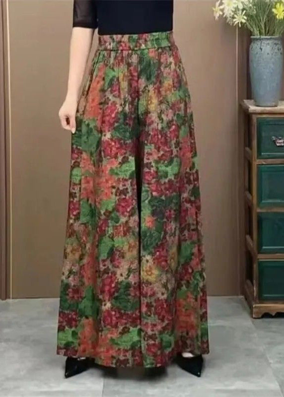 Size Ice Silk Green Leg Pants Elastic Print Wide Waist Plus