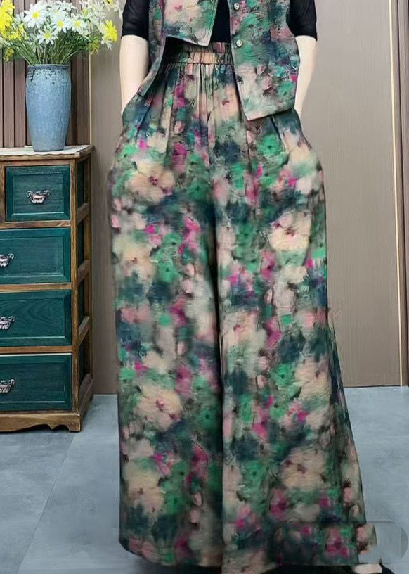 Size Ice Silk Green Leg Pants Elastic Print Wide Waist Plus
