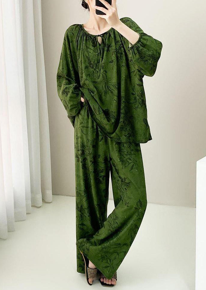 Two Size Set Lace Fall Pajamas Print Plus Up Pieces Green Cotton