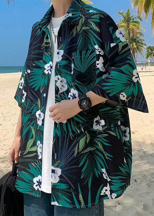 Mens Cotton Green Print Pockets Half Sleeve Size Plus Shirts