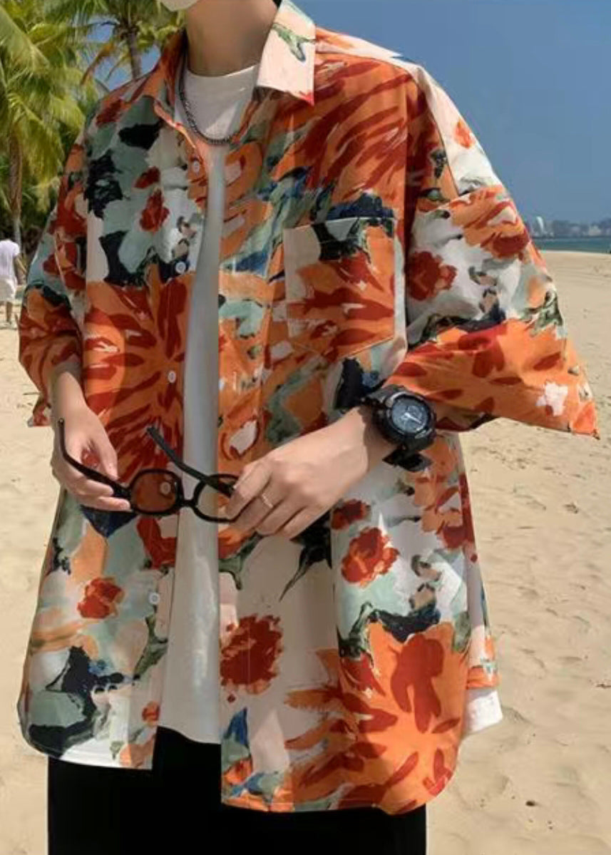 Mens Cotton Green Print Pockets Half Sleeve Size Plus Shirts