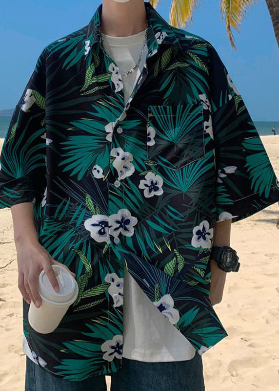 Mens Cotton Green Print Pockets Half Sleeve Size Plus Shirts