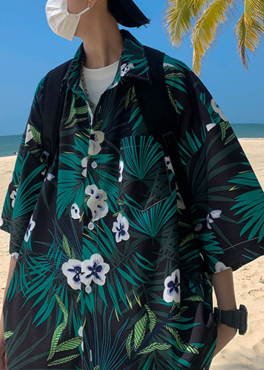 Mens Cotton Green Print Pockets Half Sleeve Size Plus Shirts