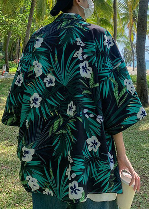 Mens Cotton Green Print Pockets Half Sleeve Size Plus Shirts