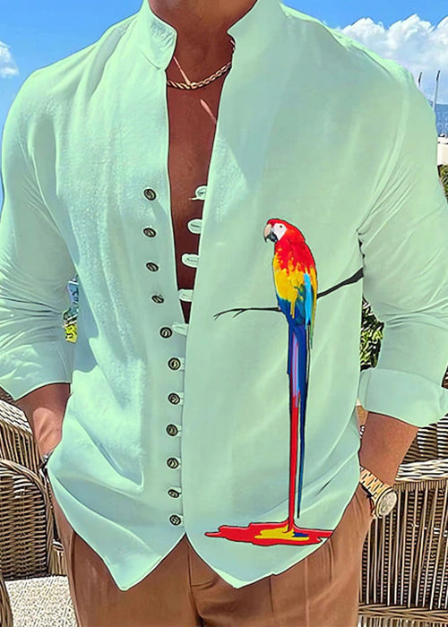 Button Shirts Men Green Size Plus Cotton Fall Stand Collar Print