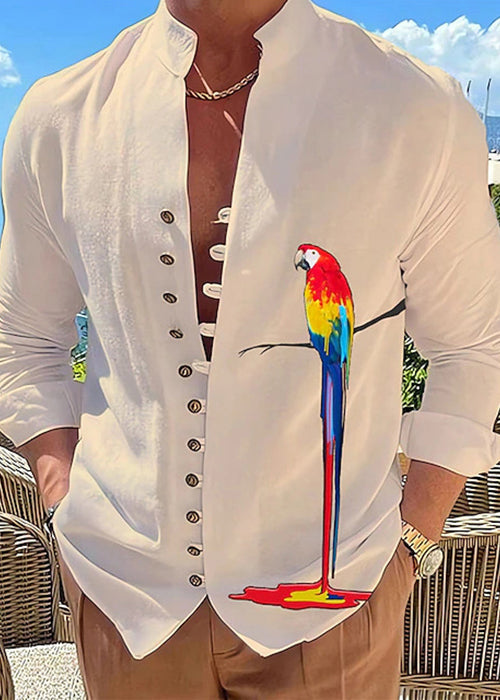 Button Shirts Men Green Size Plus Cotton Fall Stand Collar Print