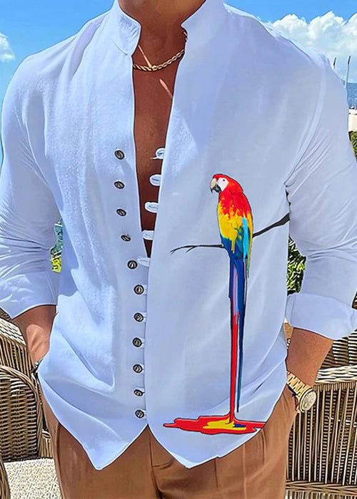 Button Shirts Men Green Size Plus Cotton Fall Stand Collar Print