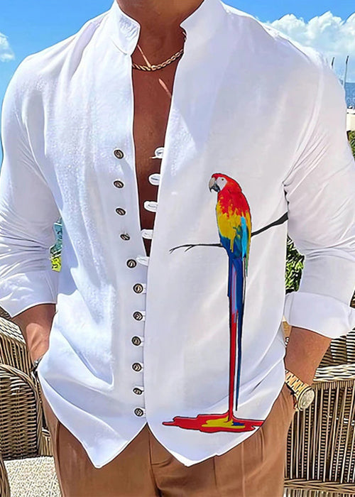 Button Shirts Men Green Size Plus Cotton Fall Stand Collar Print