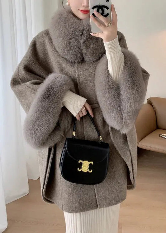 Plus Size Grey Fox Collar Pockets Leather And Fur Coats Winter Ada Fashion