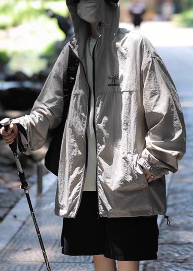 Ice UPF Embroideried Plus Hooded Coat Silk 50+ Men Size Grey