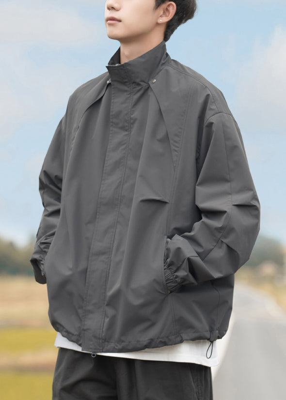 Drawstring Plus Mens Coats Cotton Stand Collar Grey Size