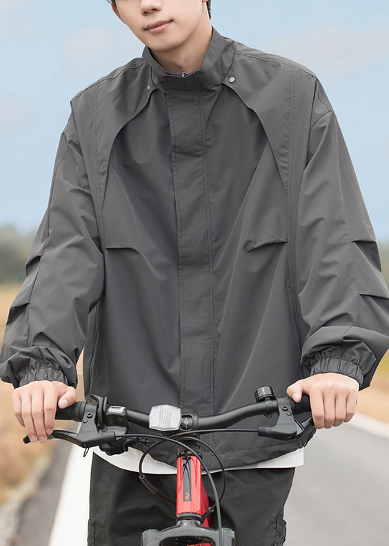 Drawstring Plus Mens Coats Cotton Stand Collar Grey Size