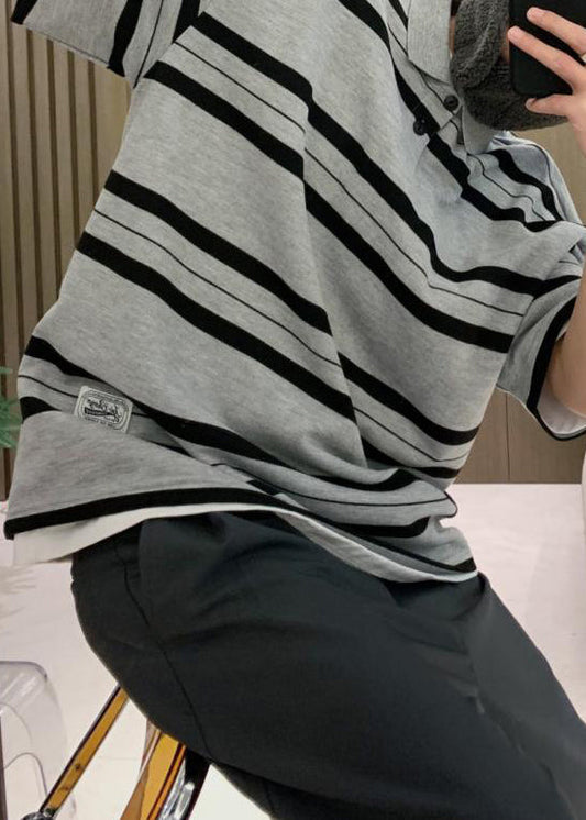 Polo Shirts Striped Summer Grey Button Plus Cotton Size Men