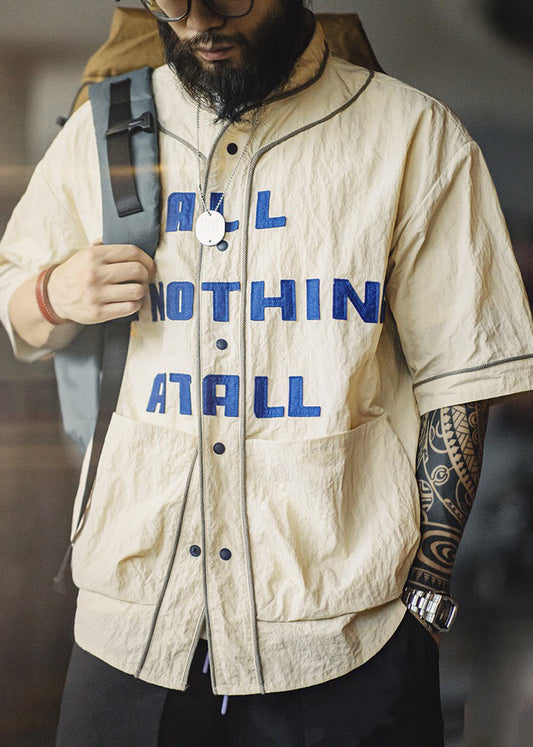 Men Letter Pockets Sleeve Cotton Plus Khaki Half Size Button Shirts