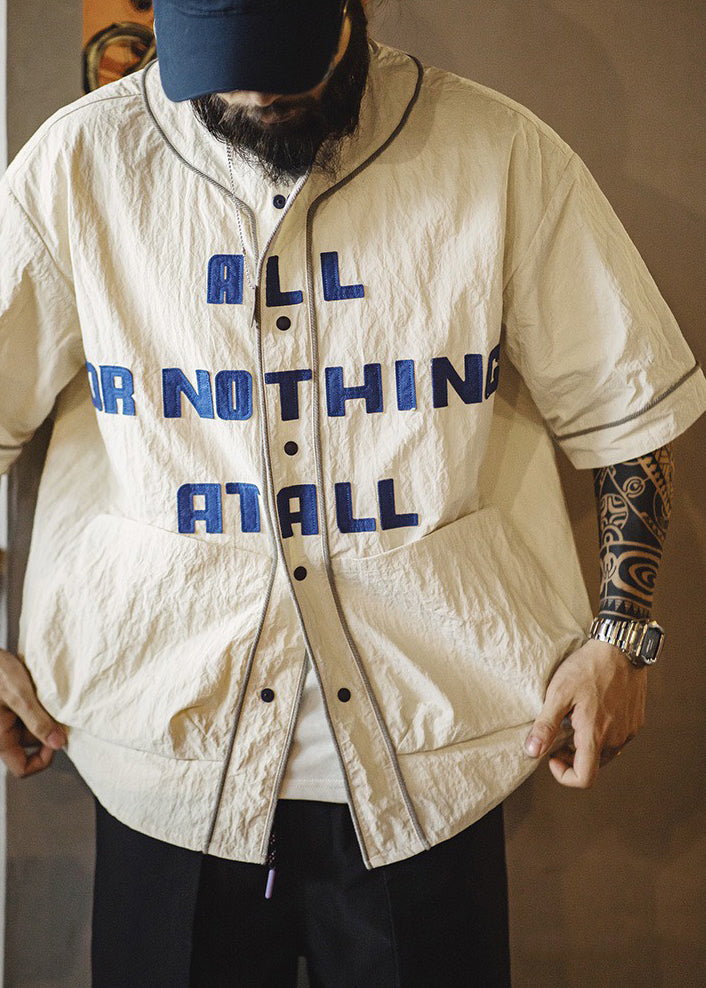 Men Letter Pockets Sleeve Cotton Plus Khaki Half Size Button Shirts