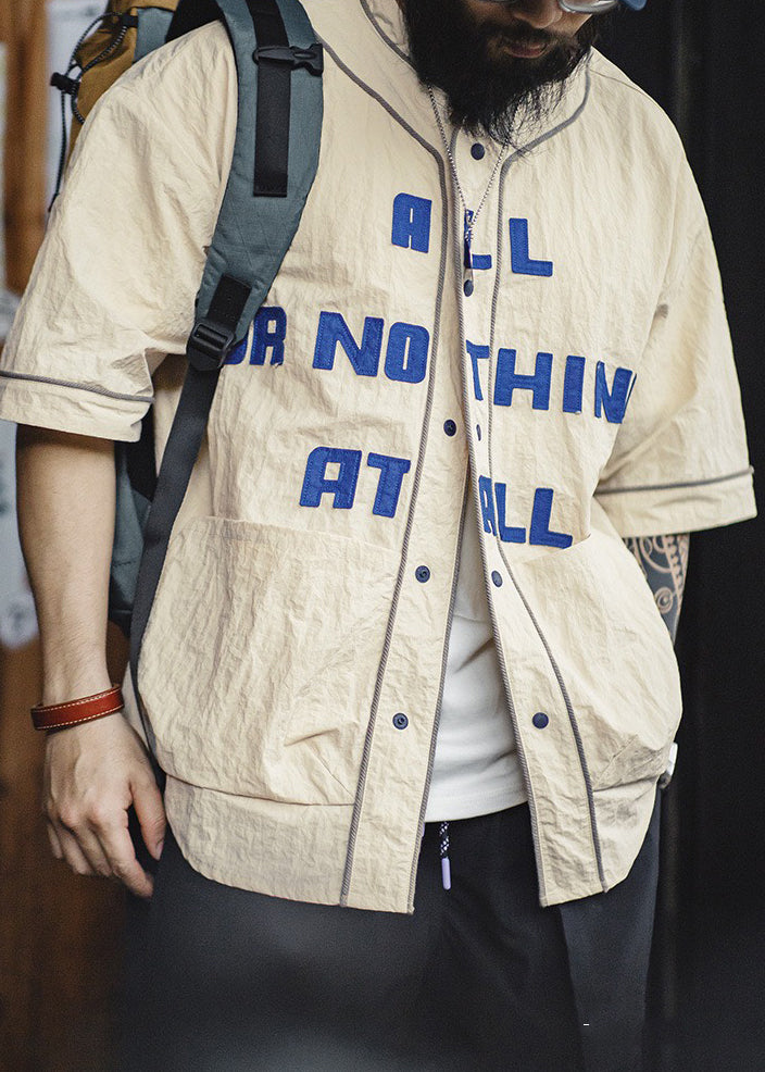 Men Letter Pockets Sleeve Cotton Plus Khaki Half Size Button Shirts