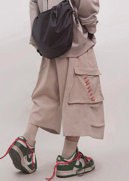 Elastic Size Plus Pants Pockets Cotton Crop Waist Men Khaki