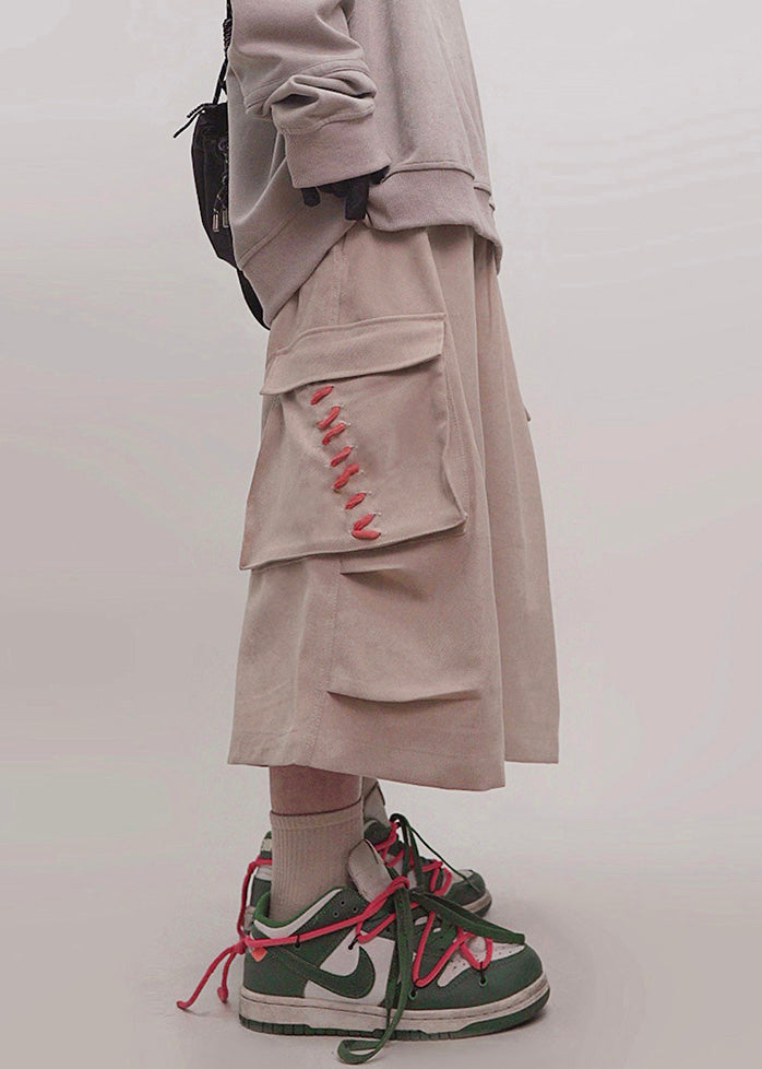 Elastic Size Plus Pants Pockets Cotton Crop Waist Men Khaki