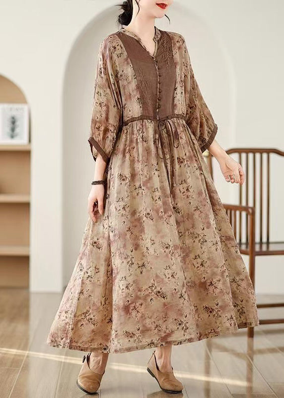 Khaki Cotton Size Dresses Long Pockets Print Fall Tie Waist Plus