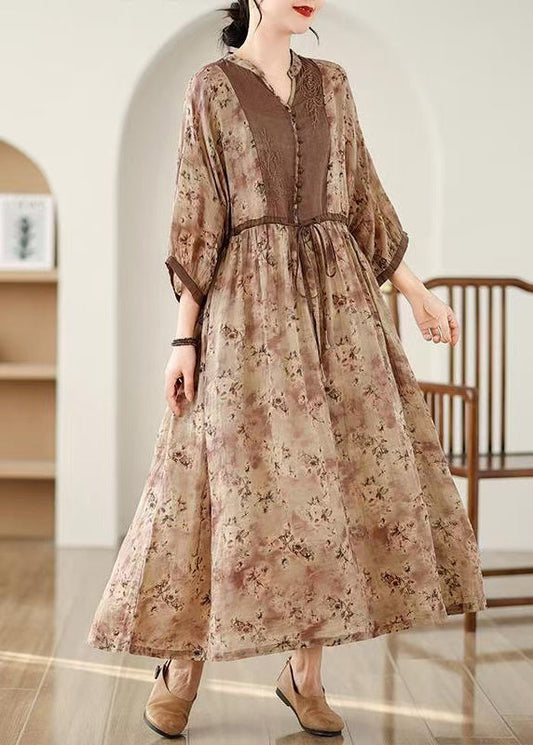 Khaki Cotton Size Dresses Long Pockets Print Fall Tie Waist Plus