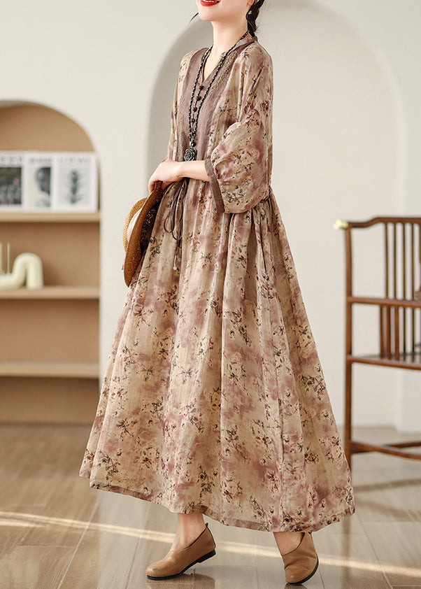 Khaki Cotton Size Dresses Long Pockets Print Fall Tie Waist Plus