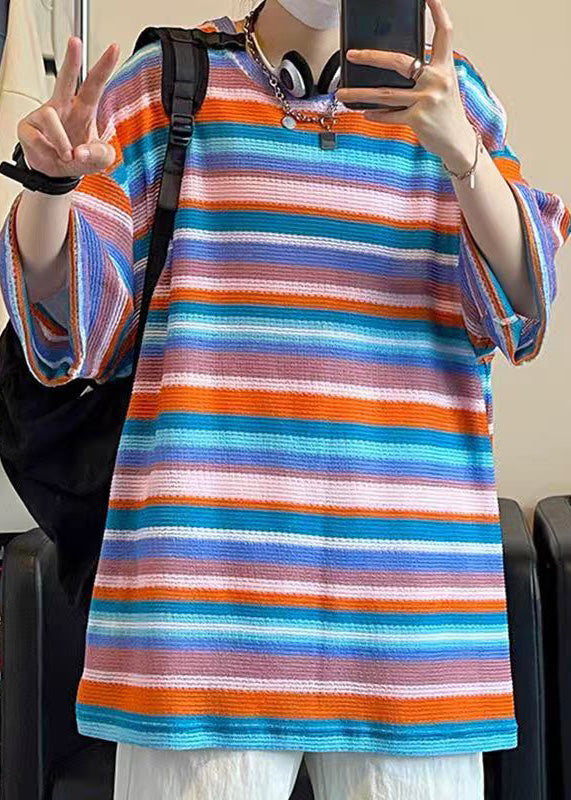 Summer Striped Knit Shirt Men T Size Out Khaki Hollow Plus