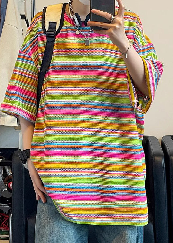 Summer Striped Knit Shirt Men T Size Out Khaki Hollow Plus