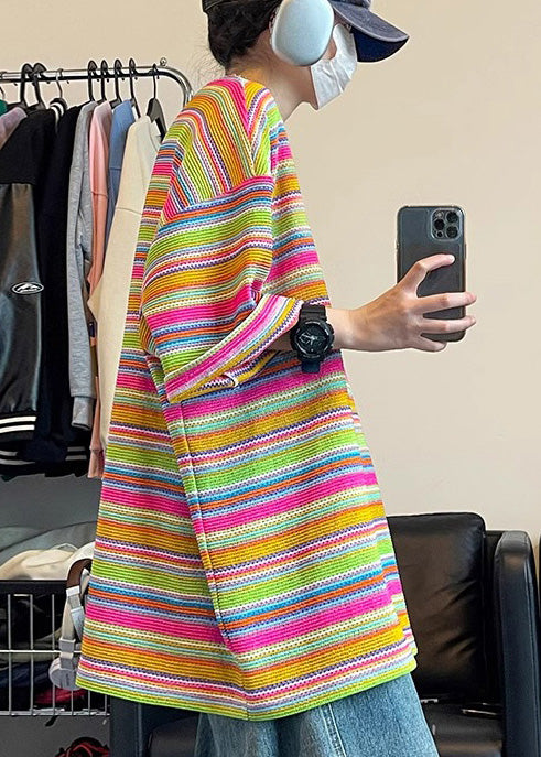 Summer Striped Knit Shirt Men T Size Out Khaki Hollow Plus