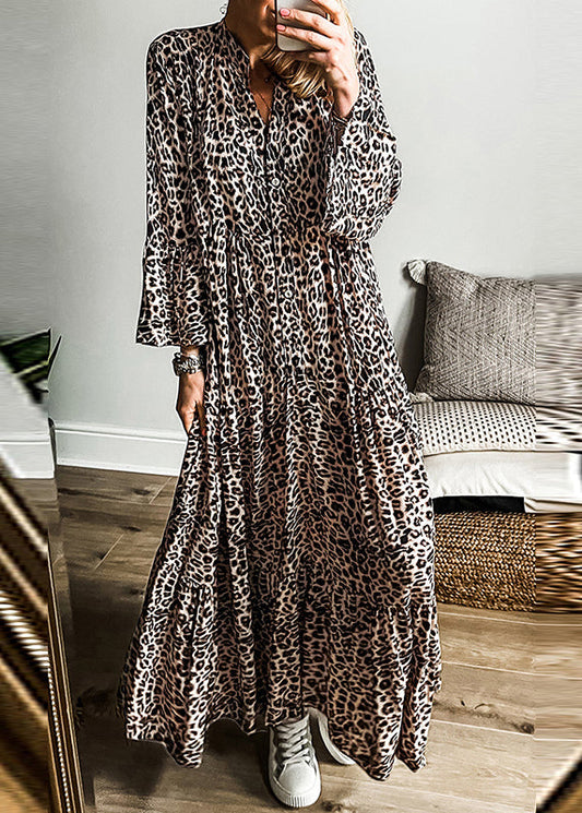 Leopard Dress Neck Maxi V Patchwork Plus Size Fall