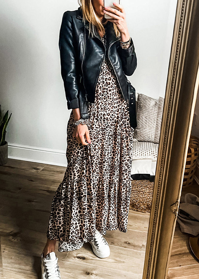 Leopard Dress Neck Maxi V Patchwork Plus Size Fall